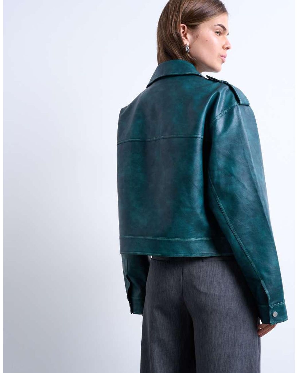 TOPSHOP Blue Faux Leather Heavy Washed Zip Through Jacket