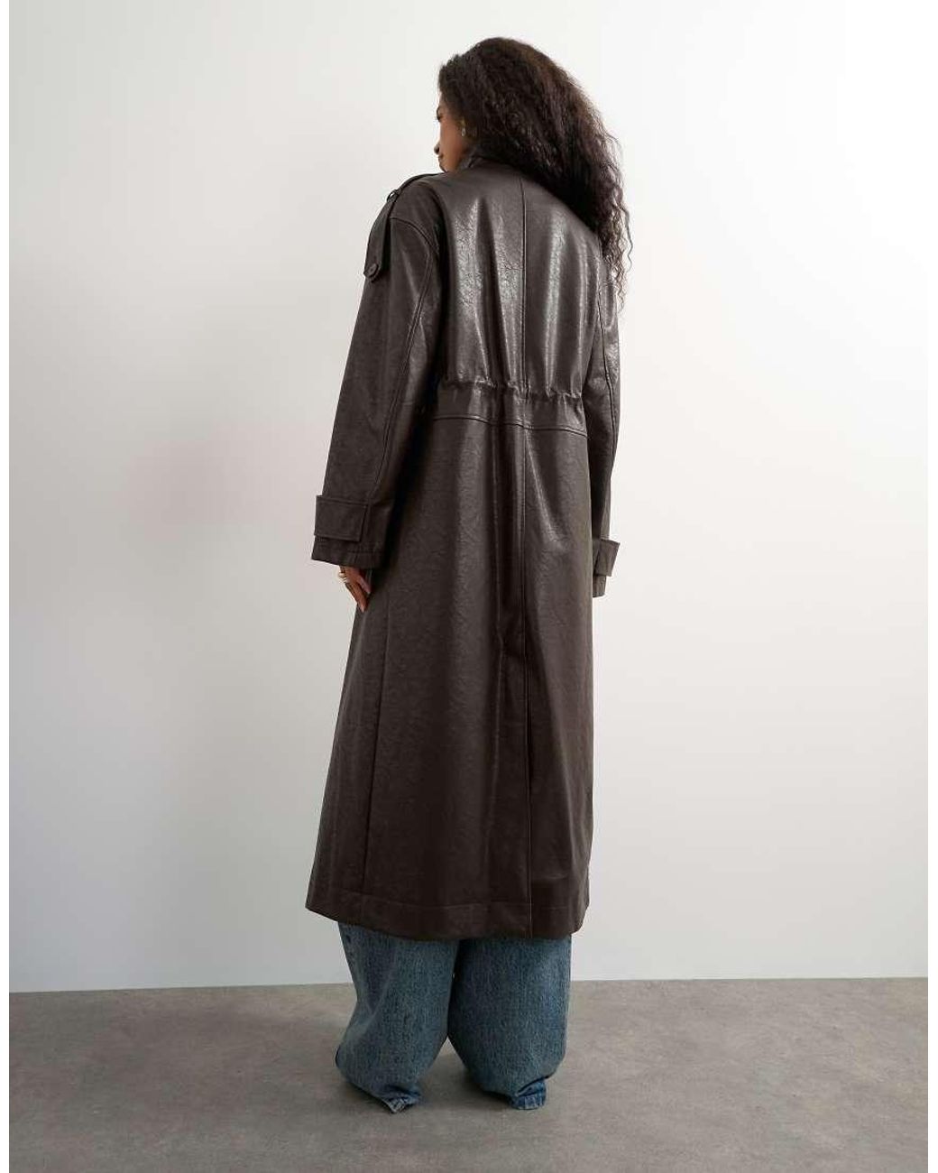 TOPSHOP Black Faux Leather Longline Cinch Waist Trench Coat