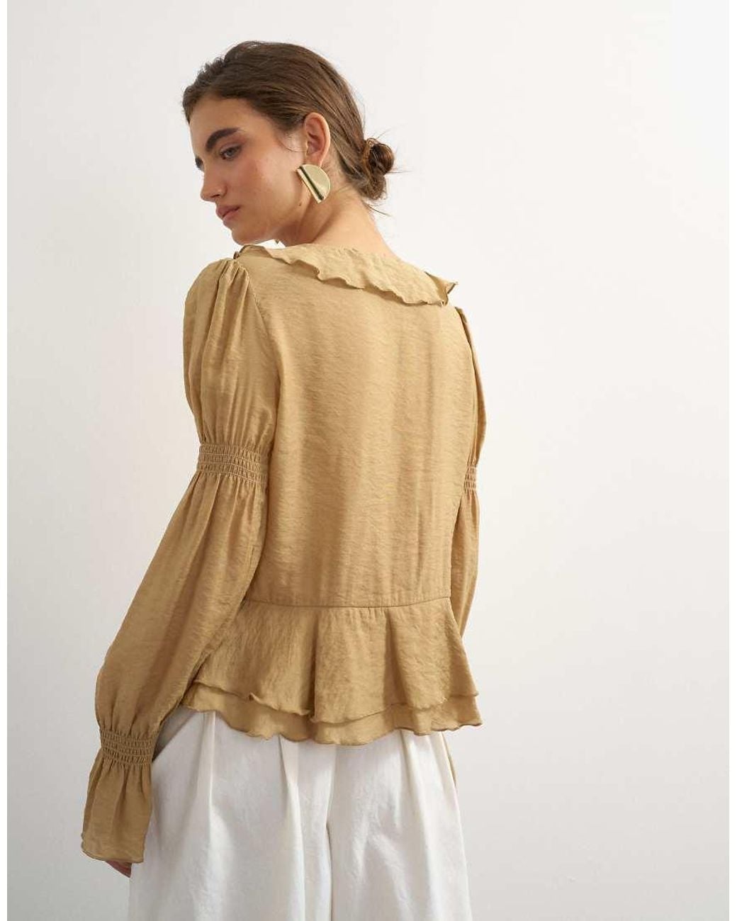 TOPSHOP Natural Ruffle Tie Front Long Sleeve Top