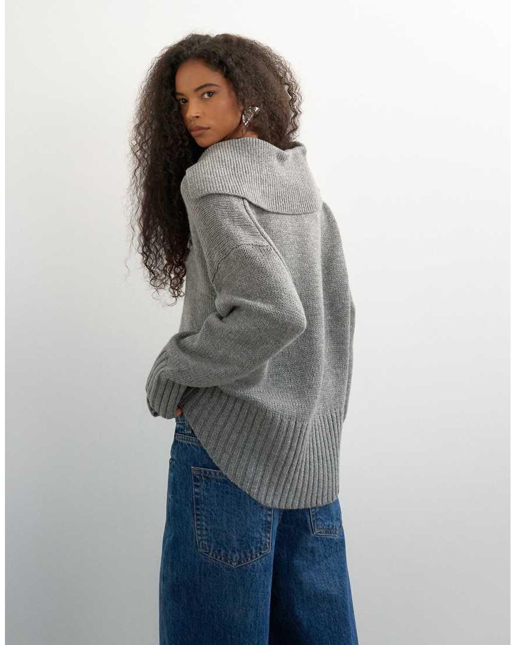 TOPSHOP Blue Knitted Curved Hem Collared Polo Jumper With Wool