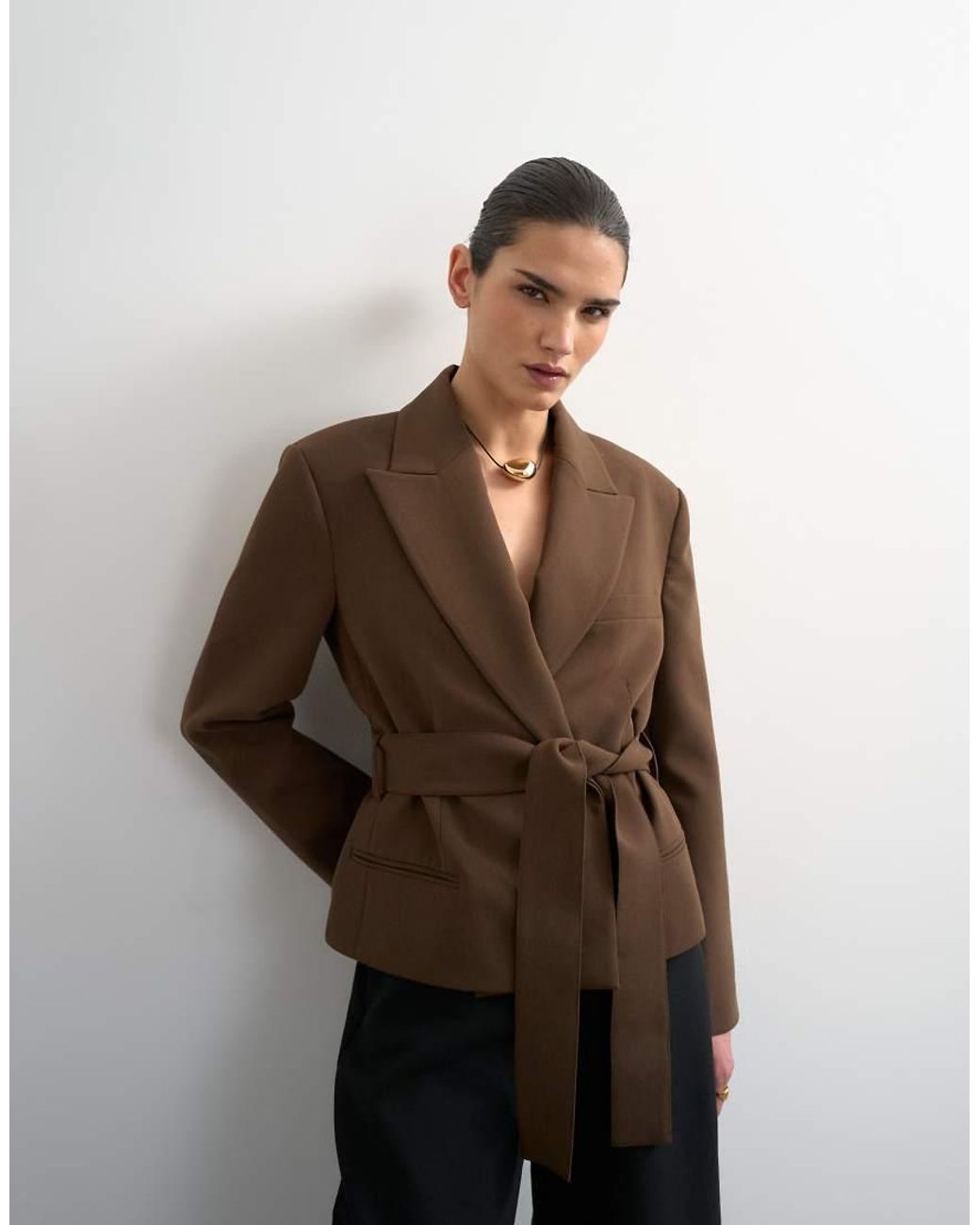 TOPSHOP Brown Cropped Belted Boxy Blazer