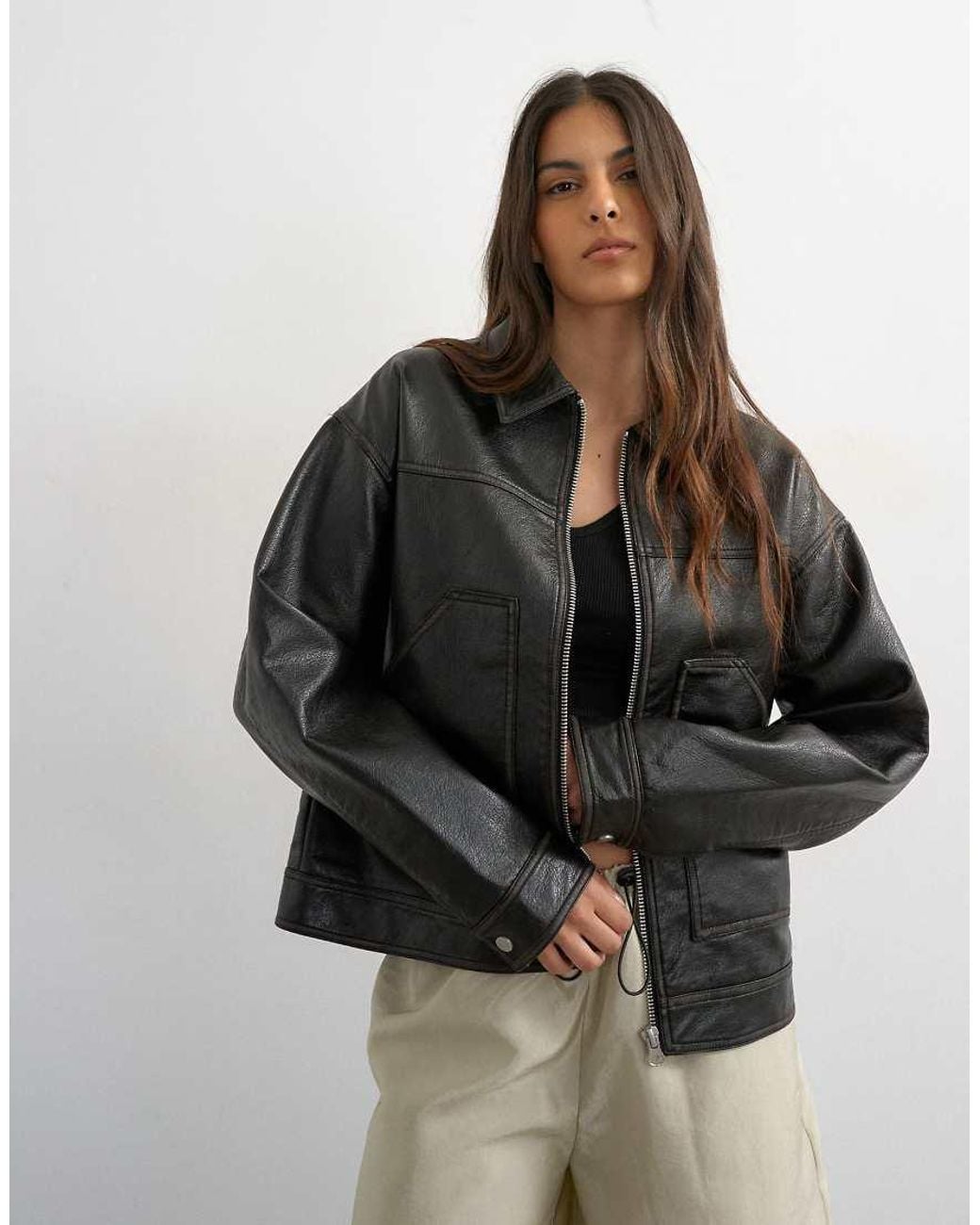 TOPSHOP Black Faux Leather Zip Through Jacket With Patch Pockets