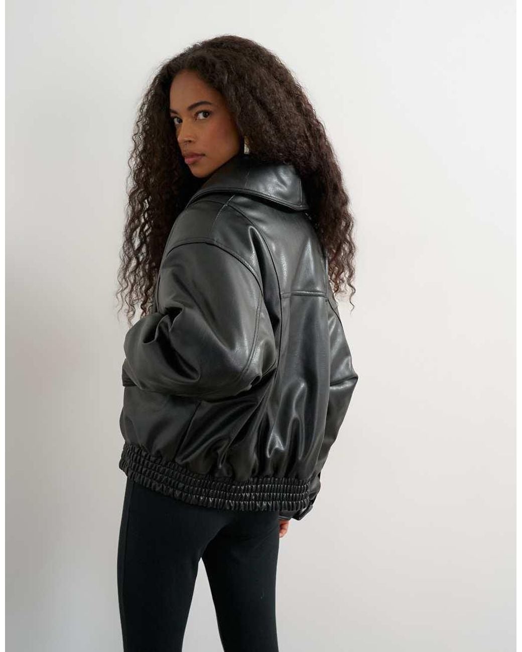TOPSHOP Black Super Oversized Faux Leather Shawl Collar Bomber Jacket