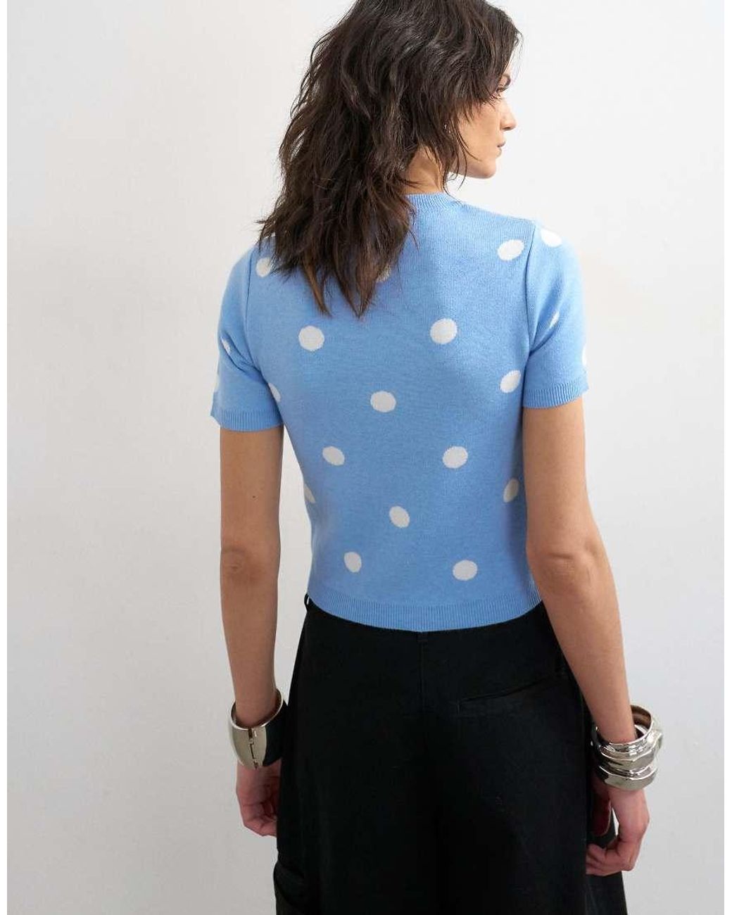 TOPSHOP Blue Knitted Spot High V Neck Top