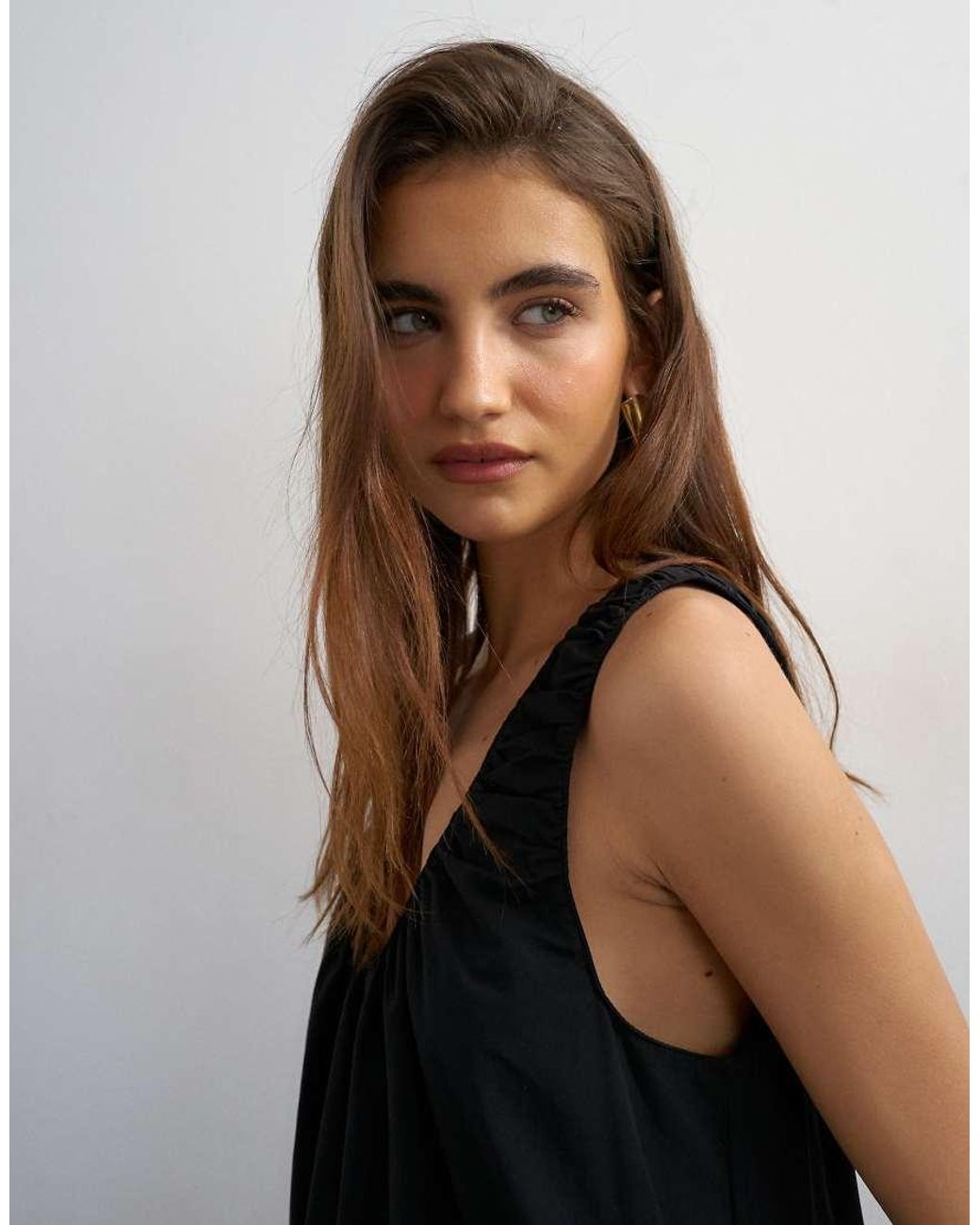 TOPSHOP Black Cotton Poplin Ruched Neck Maxi Sundress