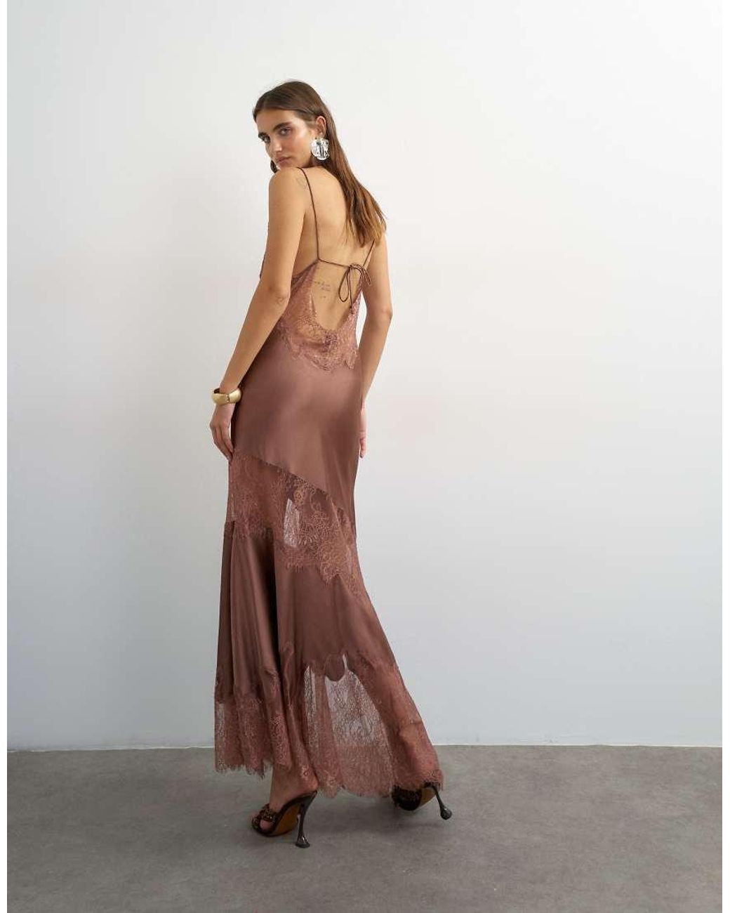 TOPSHOP Brown Satin V Neck Maxi Slip Dress With Lace Inserts