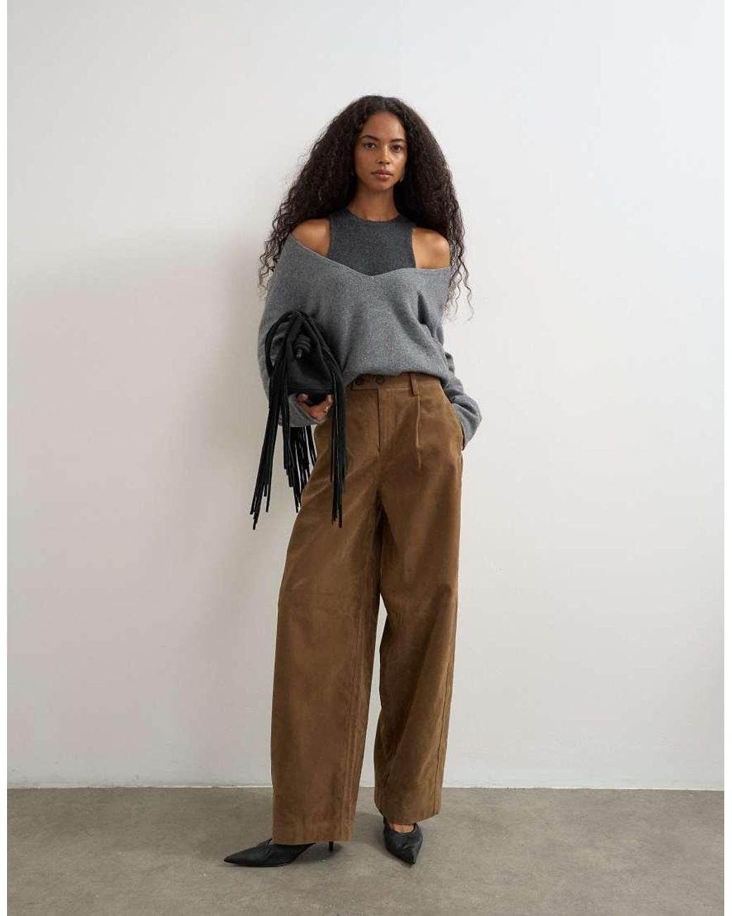 TOPSHOP Brown Faux Suede Barrel Leg Trouser