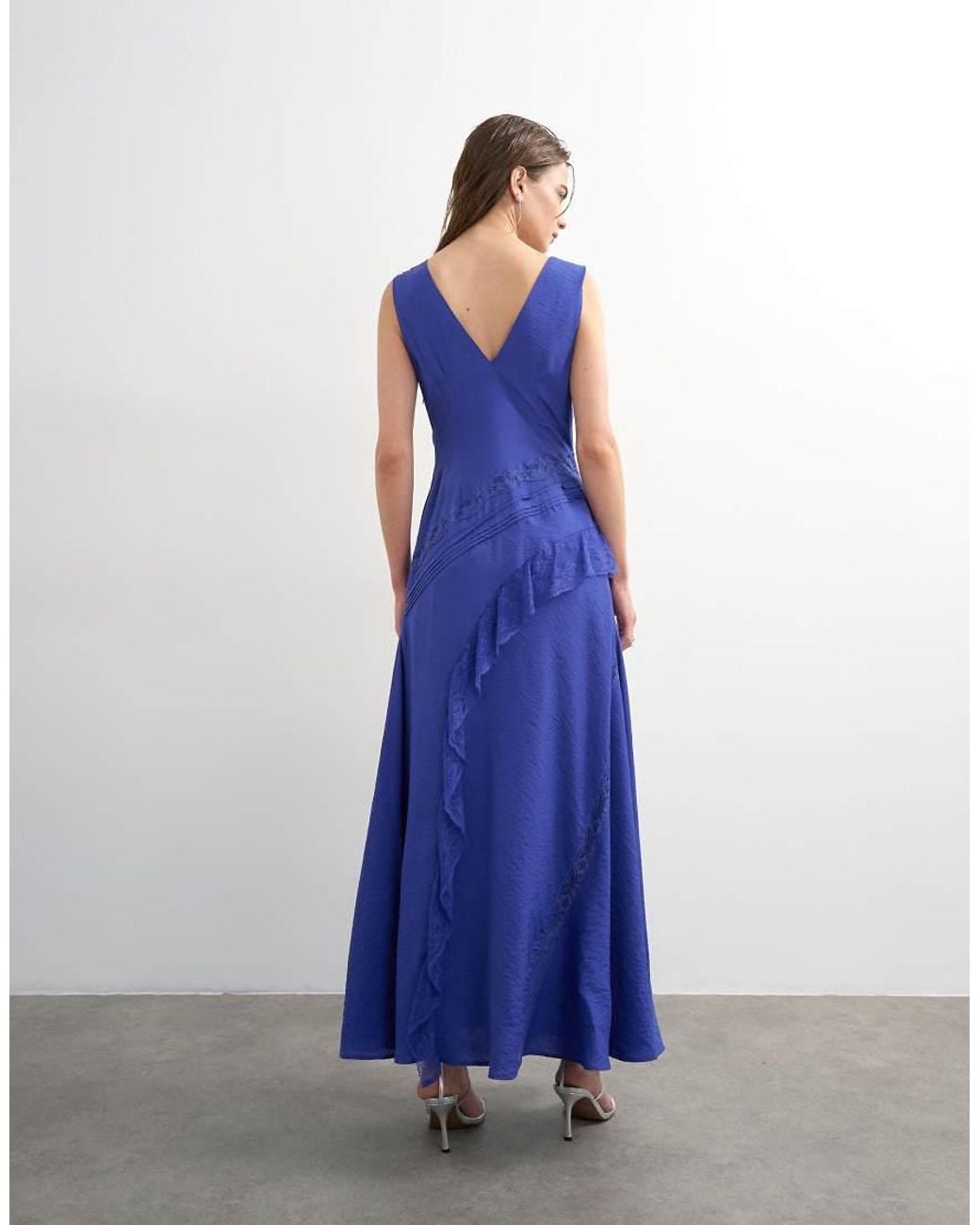 TOPSHOP Blue Deep V Lace Insert Maxi Dress