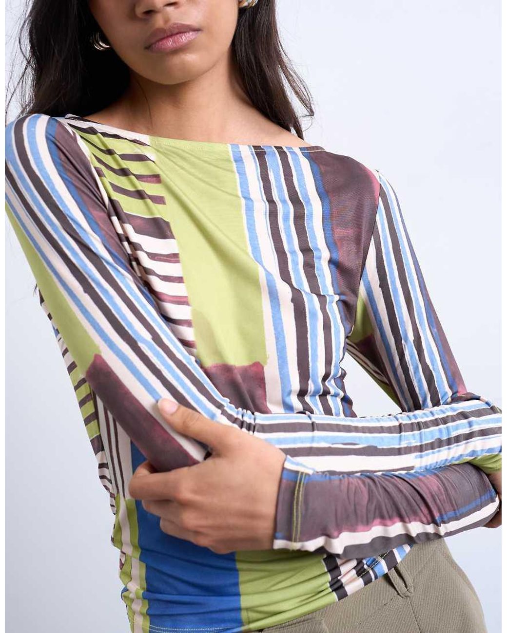 TOPSHOP Blue Abstract Stripe Print Microfibre Long Sleeve Top