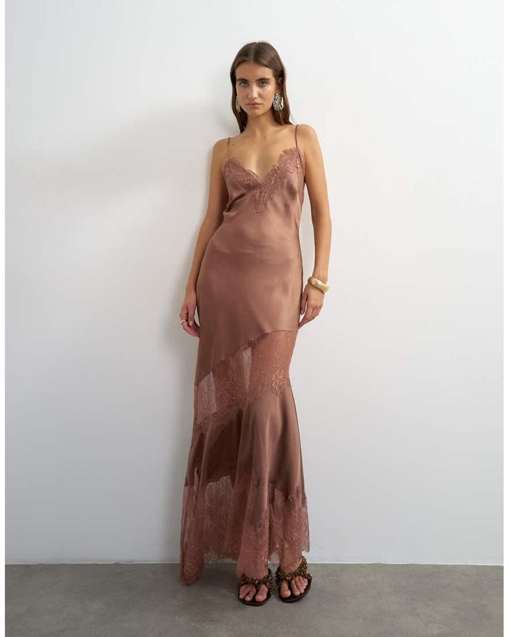 TOPSHOP Brown Satin V Neck Maxi Slip Dress With Lace Inserts