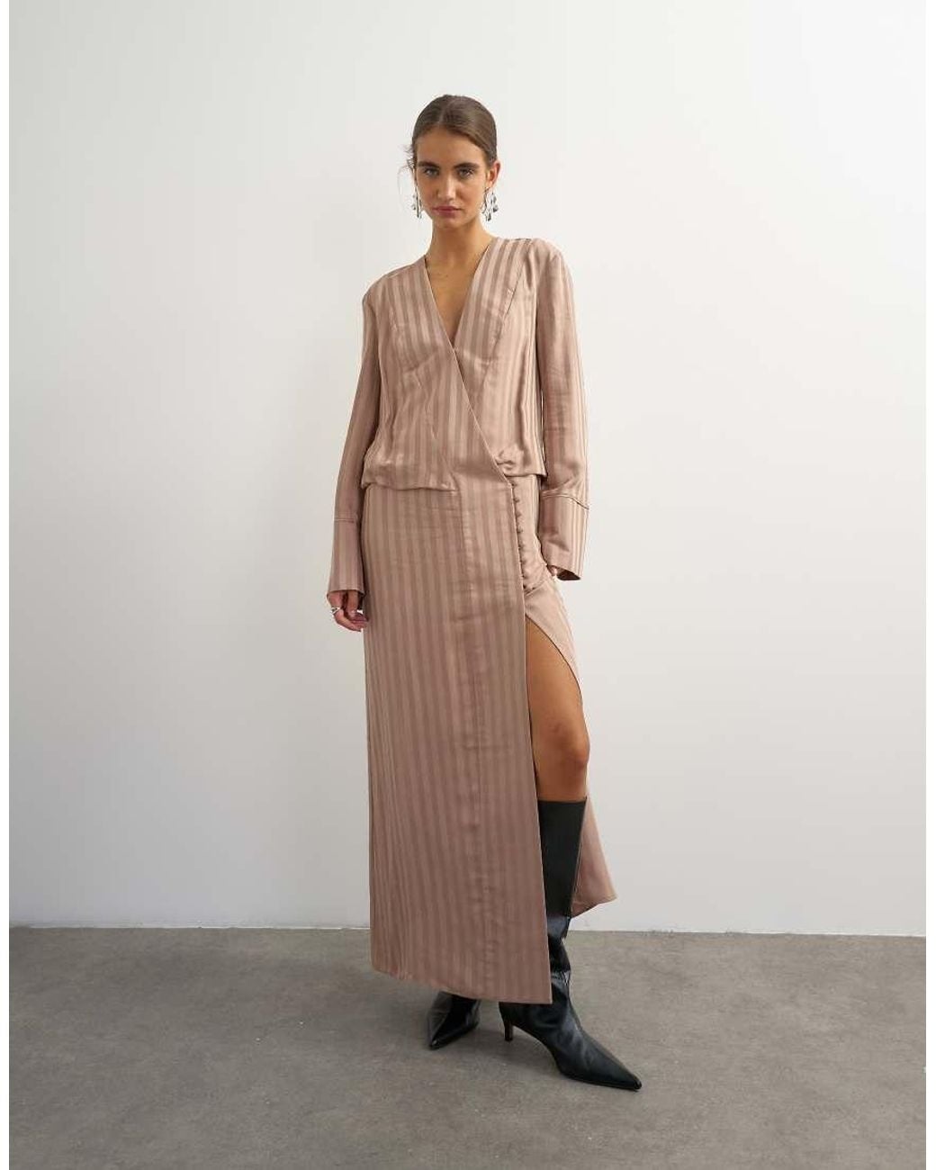 TOPSHOP Natural Viscose Satin Stripe Dropped Waist Long Sleeve Wrap Front Maxi Dress