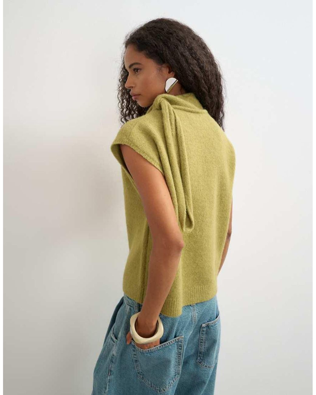 TOPSHOP Green Knitted Tie Neck Top
