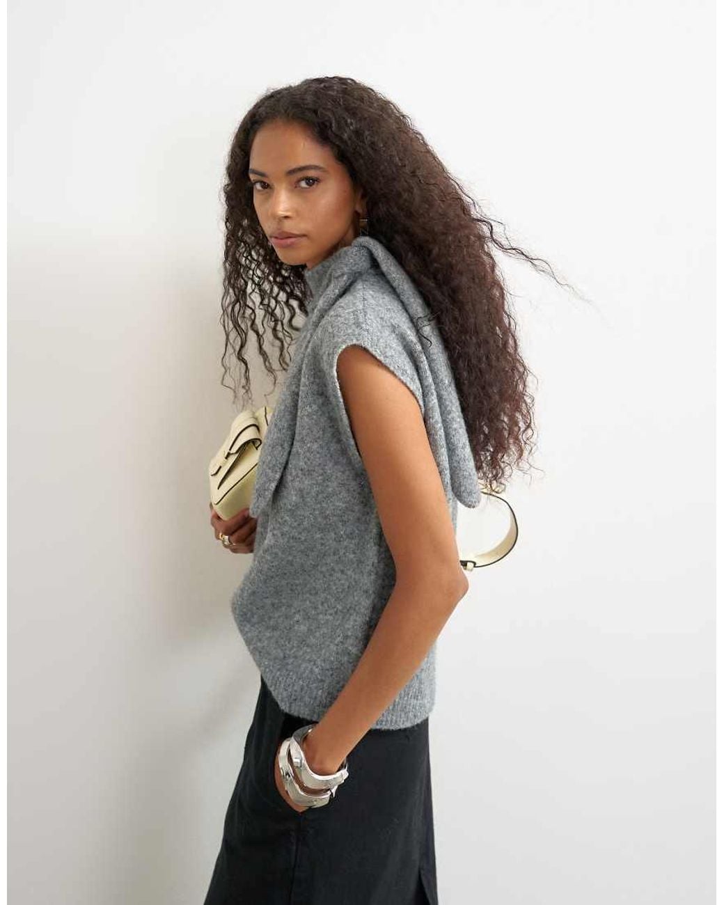 TOPSHOP Gray Knitted Tie Neck Top