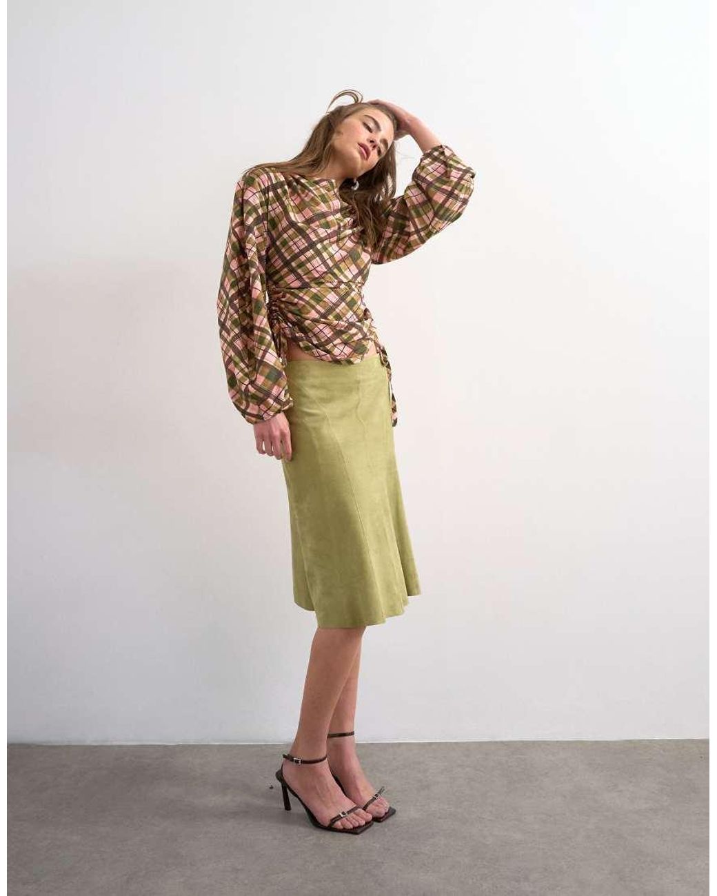TOPSHOP Multicolor Check Print Long Sleeve Ruched Side Top