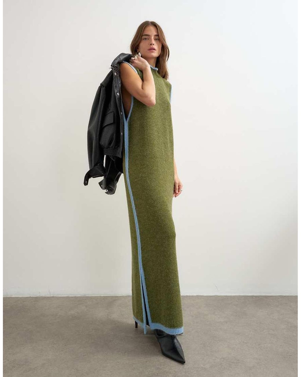 TOPSHOP Green Knitted High Neck Sleeveless Tunic Maxi Dress