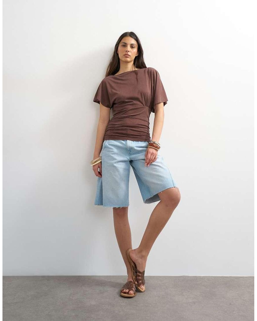 TOPSHOP Brown Cupro Ruched Side Top