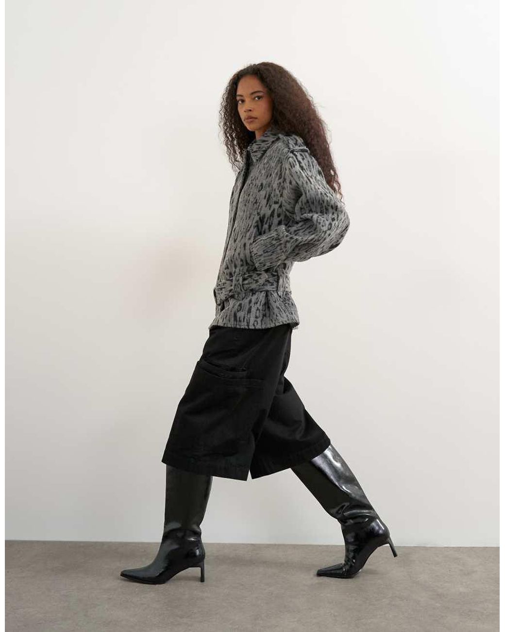 TOPSHOP Gray Animal Printed Wool Blend Belted Jacket