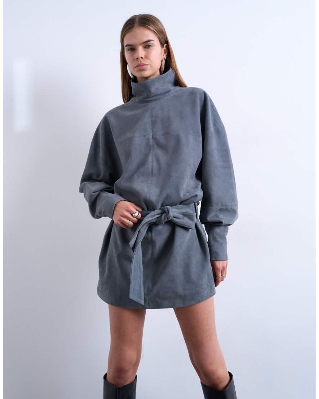 TOPSHOP Blue Real Suede Funnel Neck Cinch Waist Long Sleeve Mini Dress