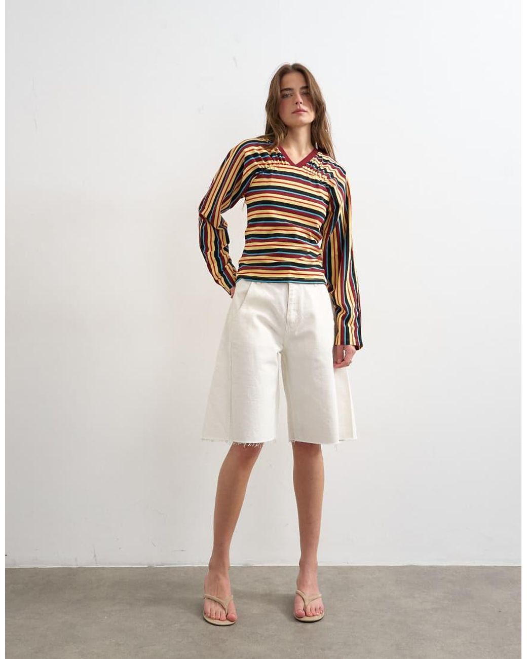 TOPSHOP White Stripe Gather Yoke Seam Long Sleeve Top