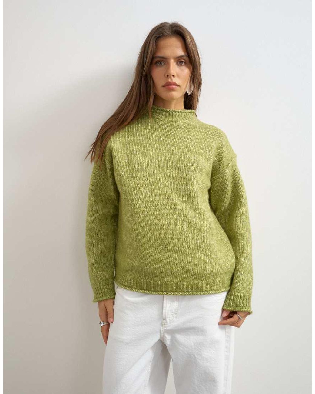 TOPSHOP Green Knitted Wool Blend Roll Edge Chunky Sweater