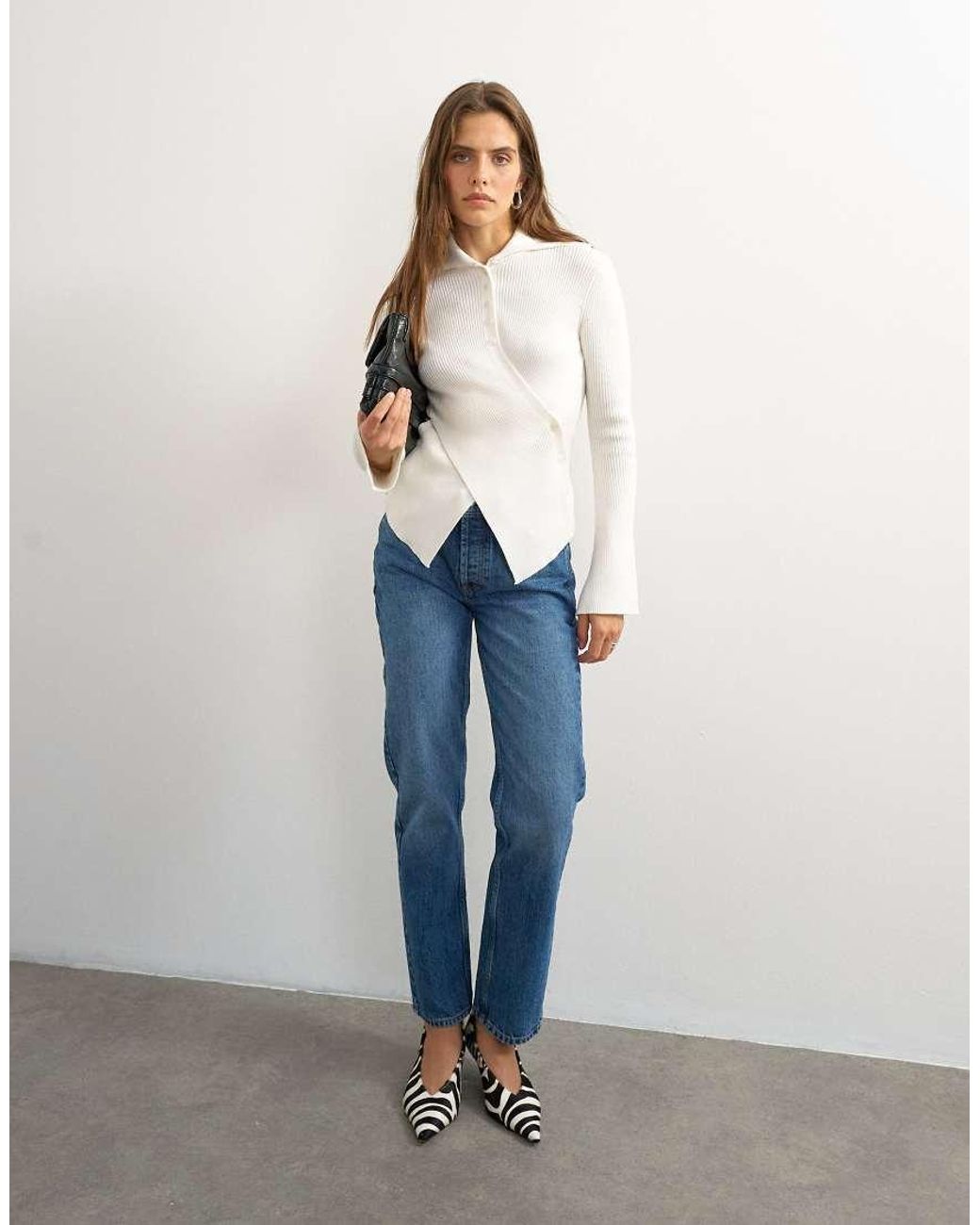 TOPSHOP Blue Knitted Asymmetric Shawl Collar Jumper