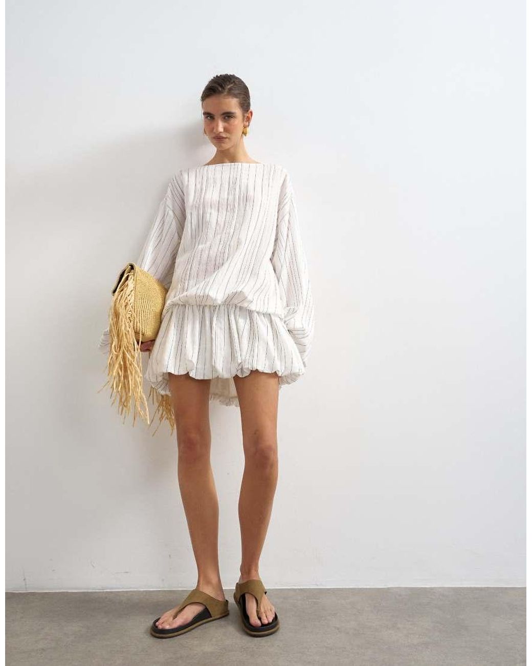 TOPSHOP White Long Sleeve Blouson Mini Dress