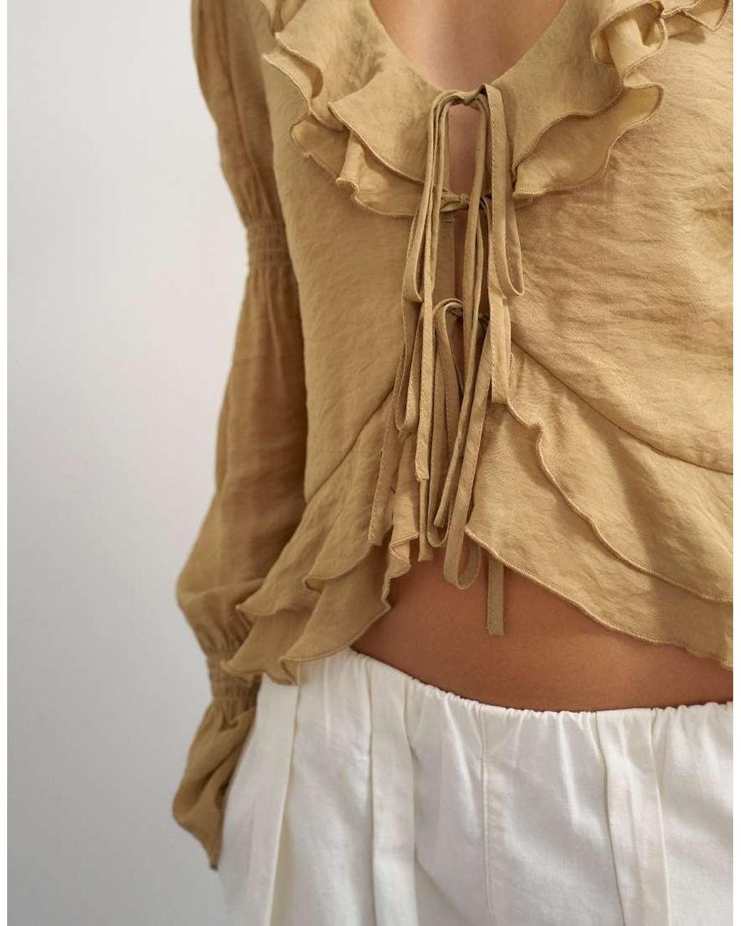 TOPSHOP Natural Ruffle Tie Front Long Sleeve Top