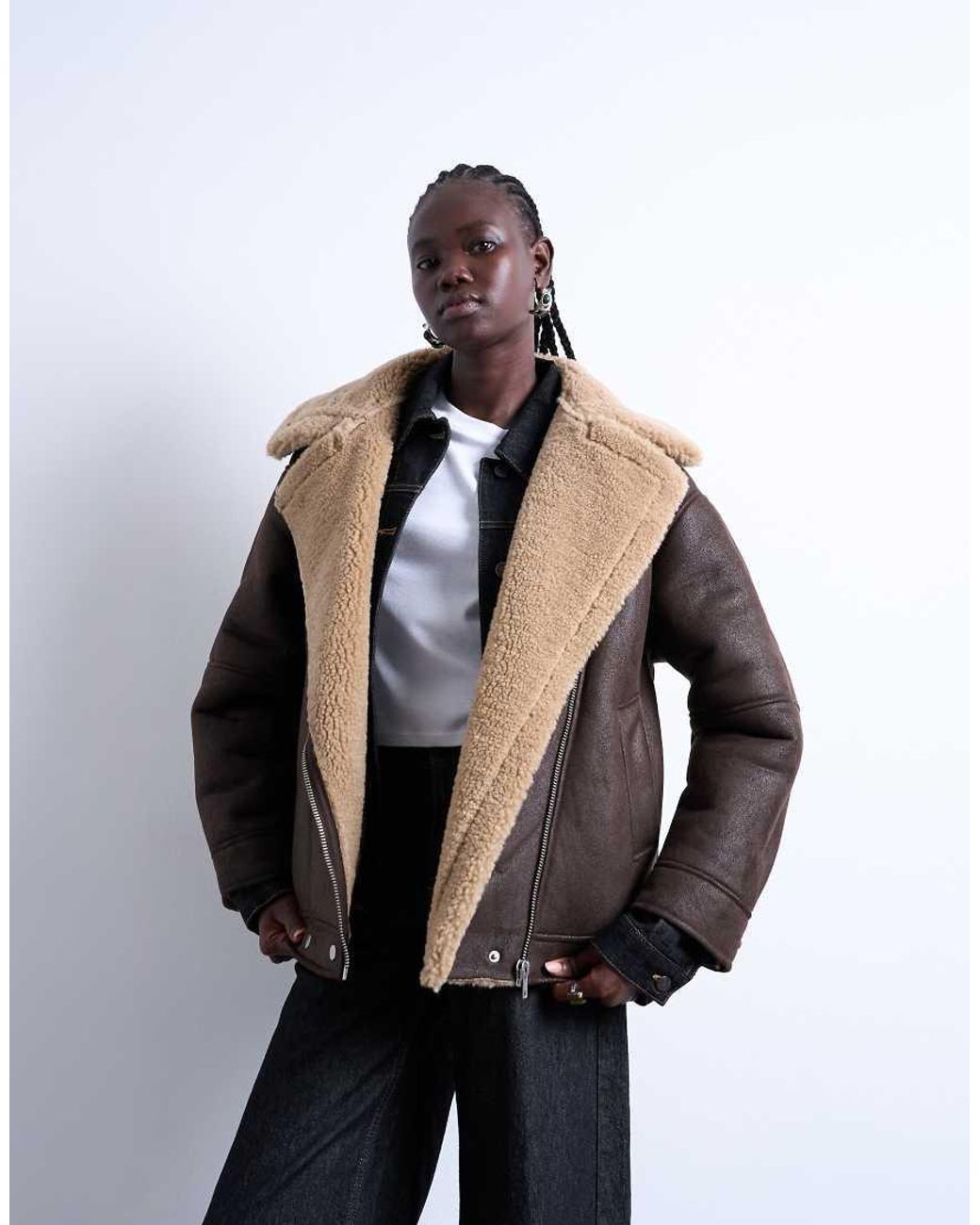 TOPSHOP Black Oversized Faux Shearling Aviator Jacket