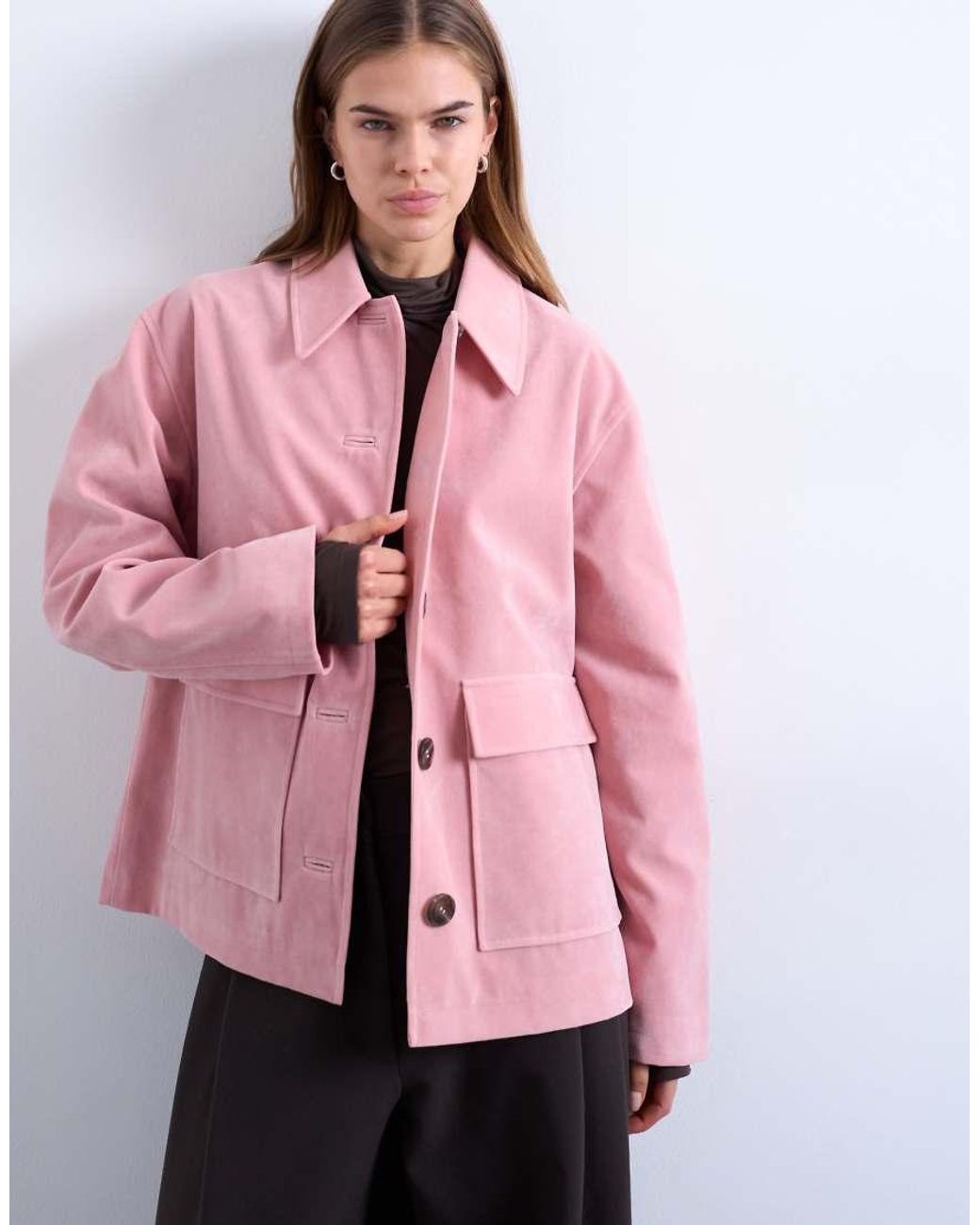TOPSHOP Pink Faux Suede Patch Pocket Boxy Jacket