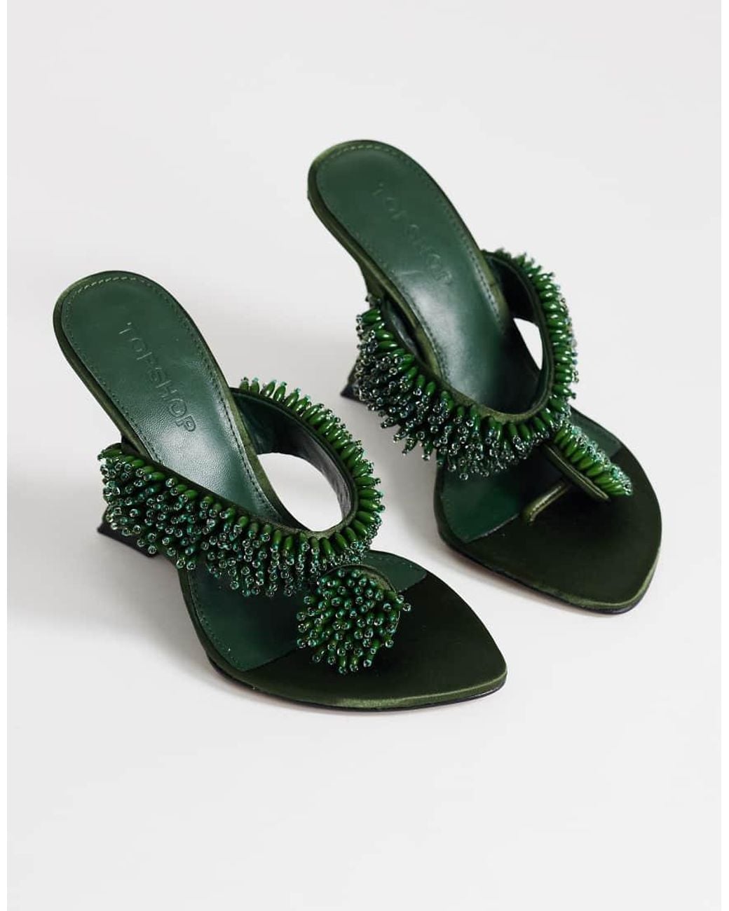 TOPSHOP Green Nico Wedge Mules With Embellishment