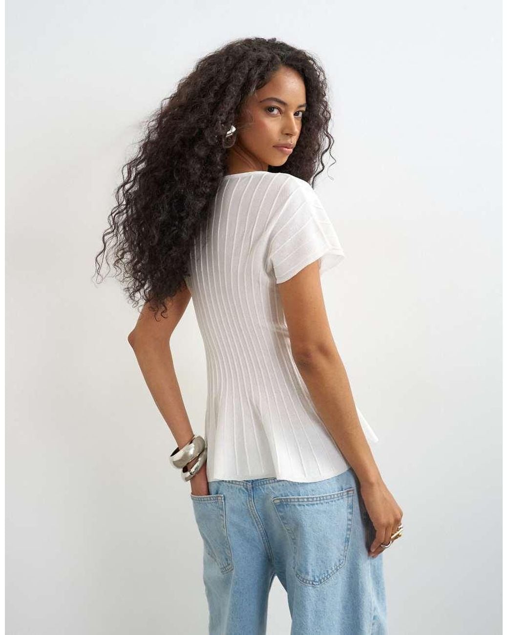 TOPSHOP Blue Knitted Grown On Short Sleeve Peplum Top