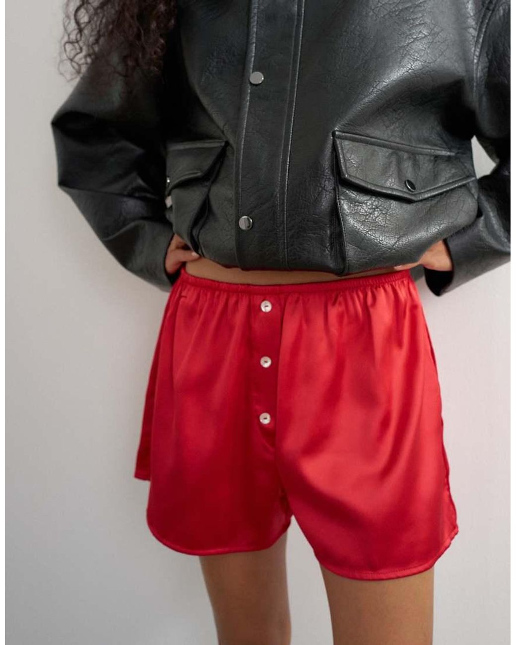 TOPSHOP Red Satin Button Detail Short