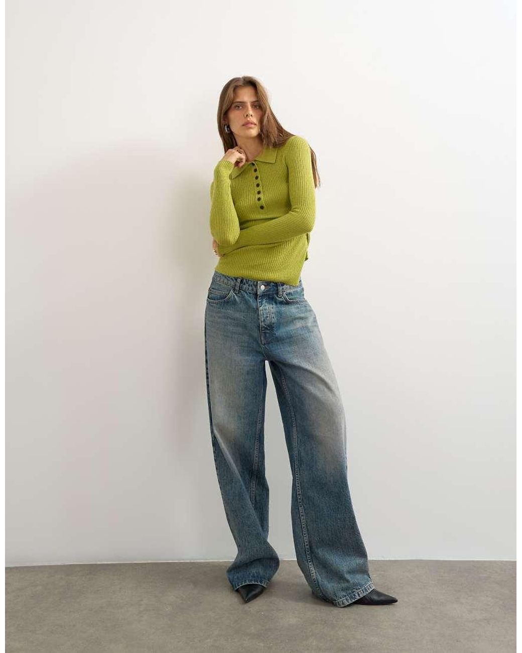 TOPSHOP Green Knitted Side Twist Polo Top With Wool