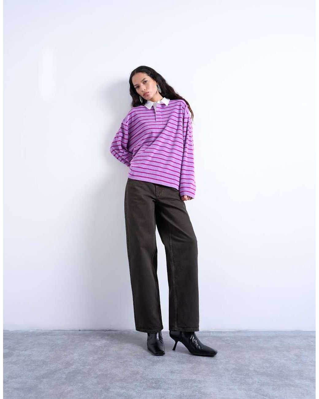 TOPSHOP Purple Towelling Stripe Oversized Long Sleeve Polo