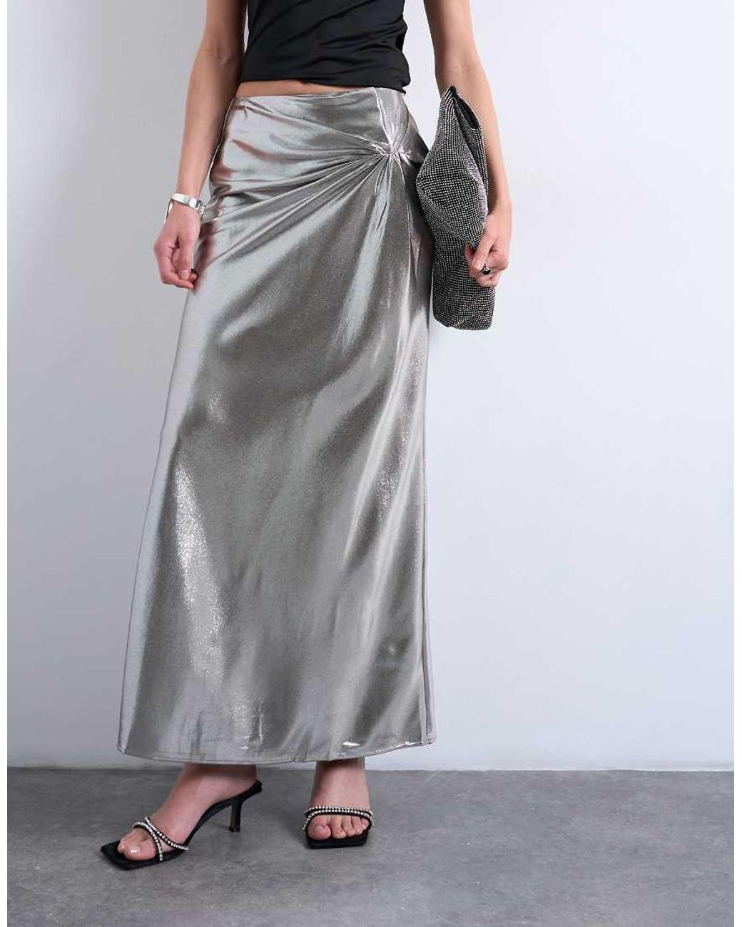TOPSHOP White Metallic Knot Midi Skirt