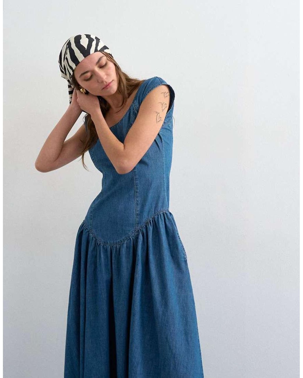 TOPSHOP Blue Denim Drop Waist Midi Dress