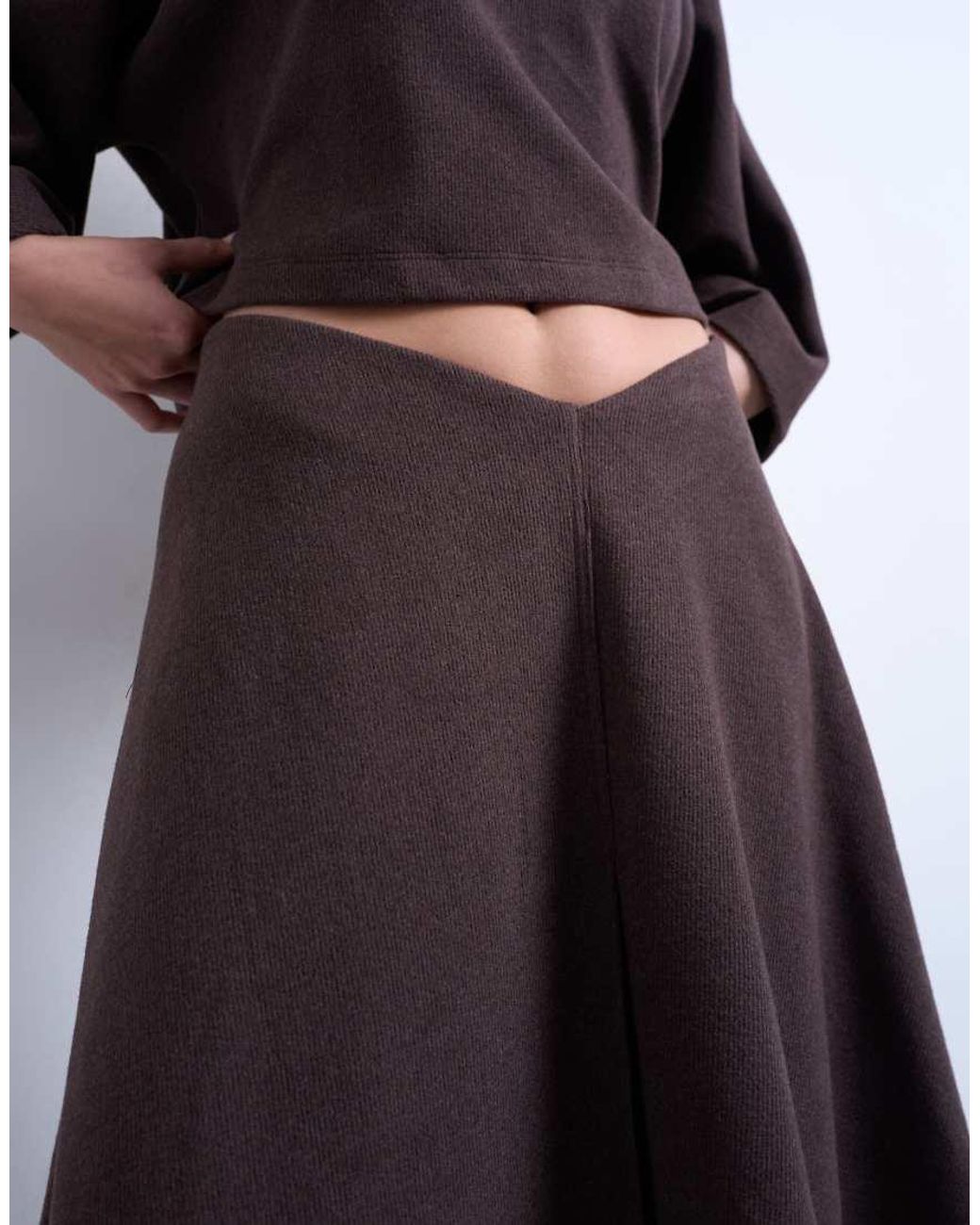 TOPSHOP Brown Soft-touch Hanky Hem Asymmetric Skirt