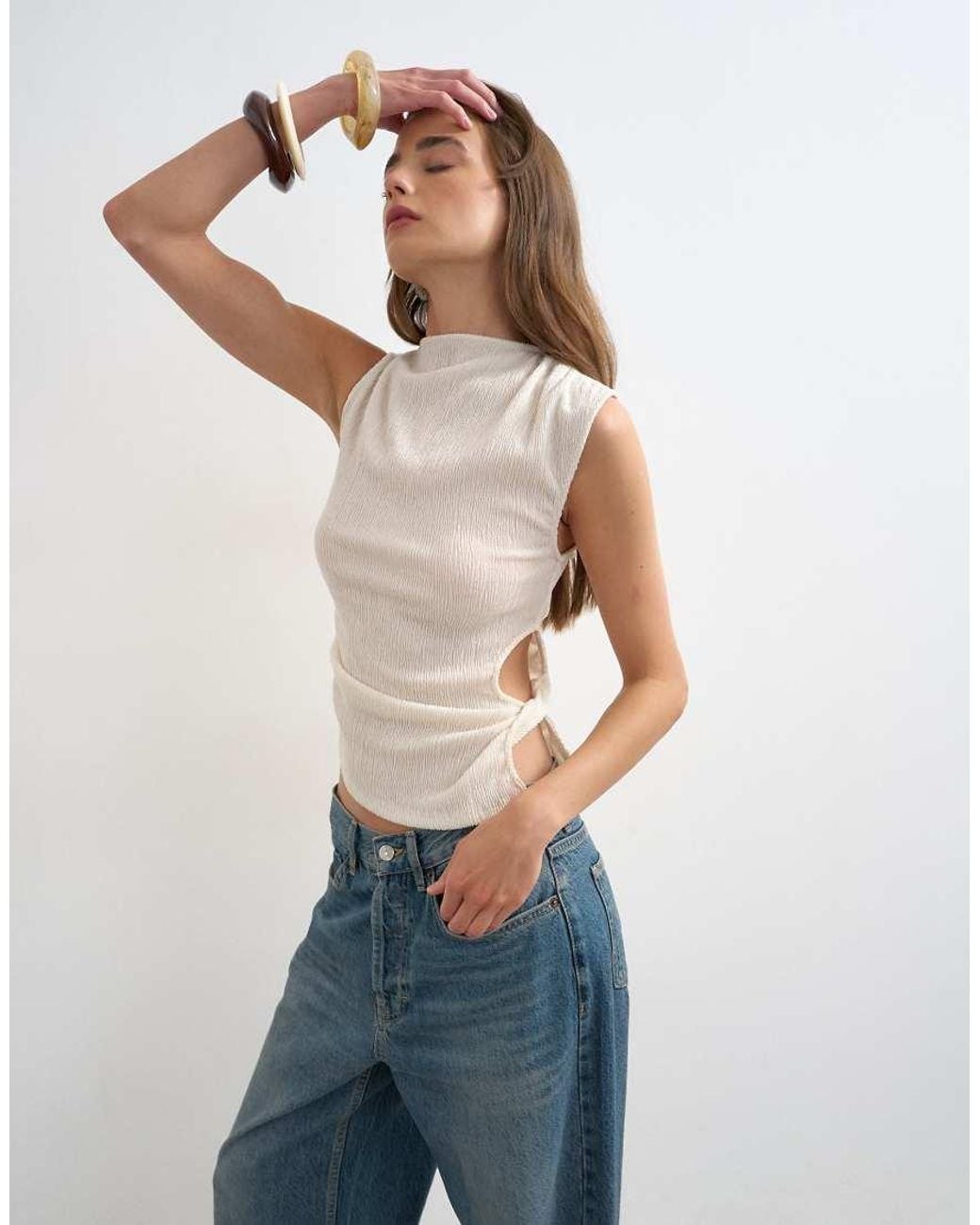 TOPSHOP Blue Crinkle Ruched Side Cut Out Sleeveless Top