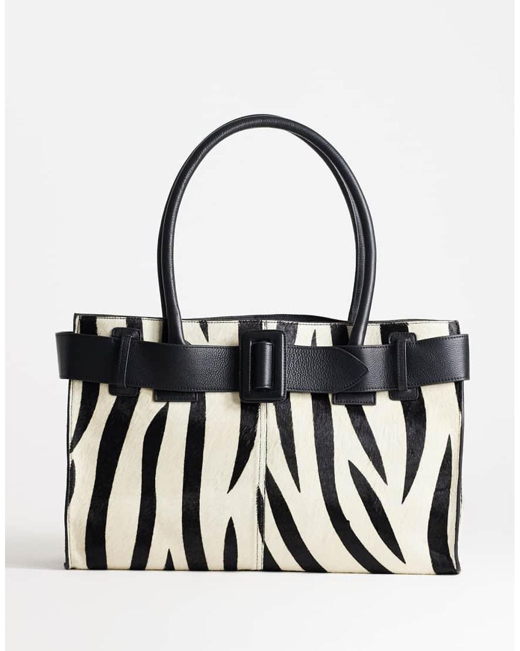 TOPSHOP Black Tammy Hair On Real Leather Belt Detail Large Tote Bag