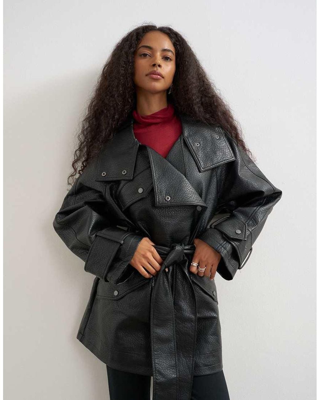 TOPSHOP Black Faux Leather Mid Length Belted Jacket