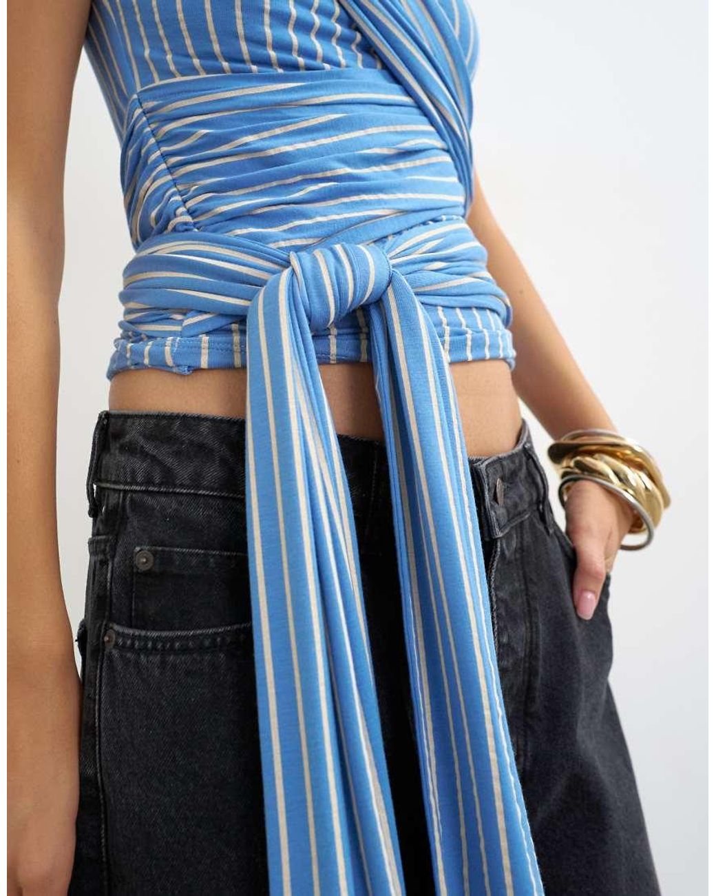 TOPSHOP Blue Stripe Wrap Detail Tee