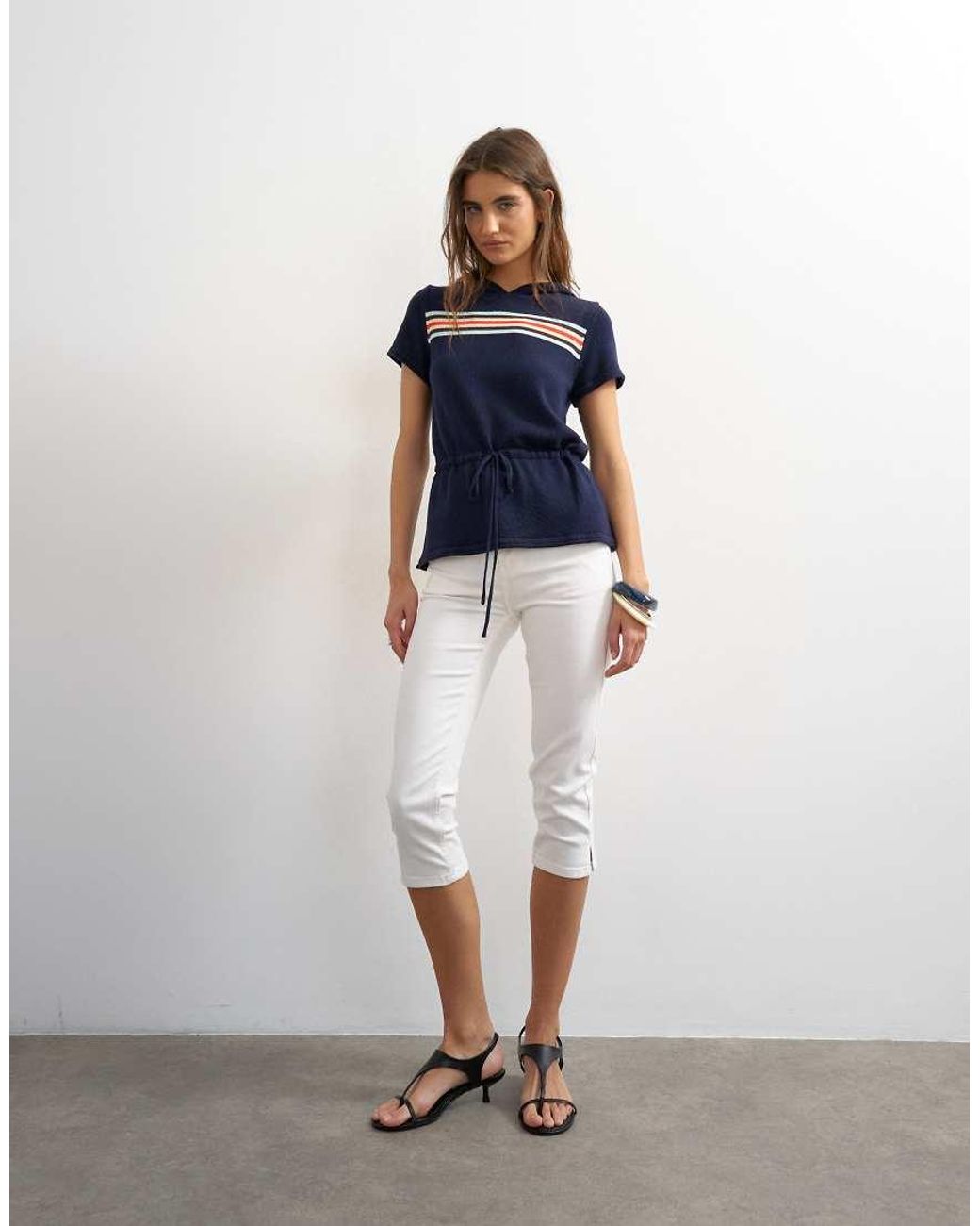 TOPSHOP Blue Knitted Short Sleeve Sporty Hooded Stripe Cinch Waist Top