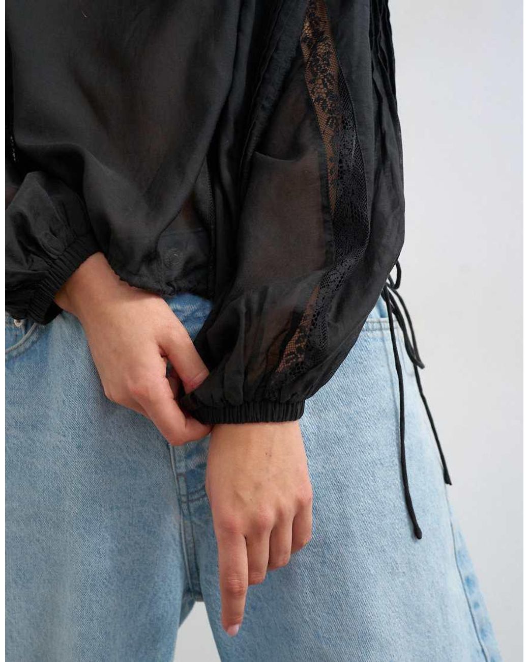 TOPSHOP Black Lace Trim Ruched Side Blouse