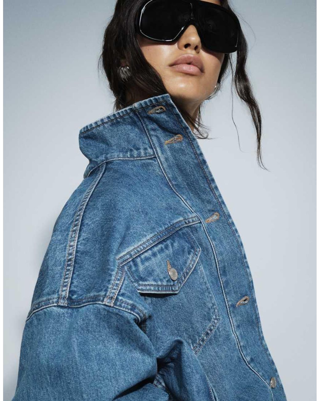 TOPSHOP Blue Funnel Neck Elastic Hem Detail Jacket Mid