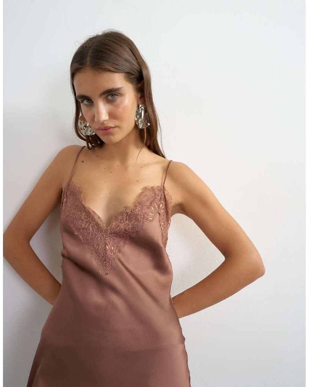 TOPSHOP Brown Satin V Neck Maxi Slip Dress With Lace Inserts