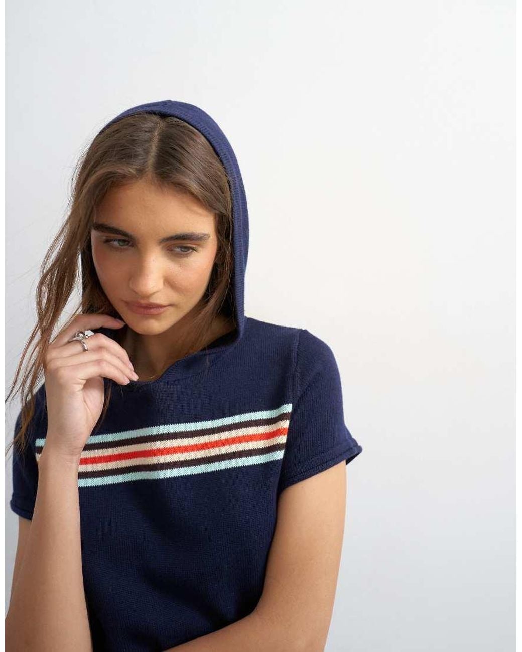 TOPSHOP Blue Knitted Short Sleeve Sporty Hooded Stripe Cinch Waist Top