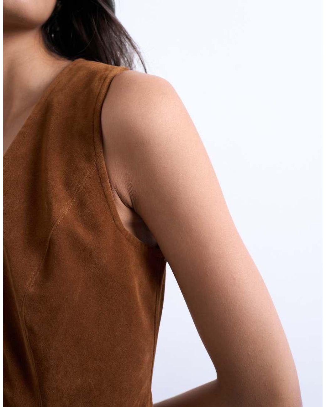 TOPSHOP Brown Faux Suede Hidden Button Plaquette Midi Dress