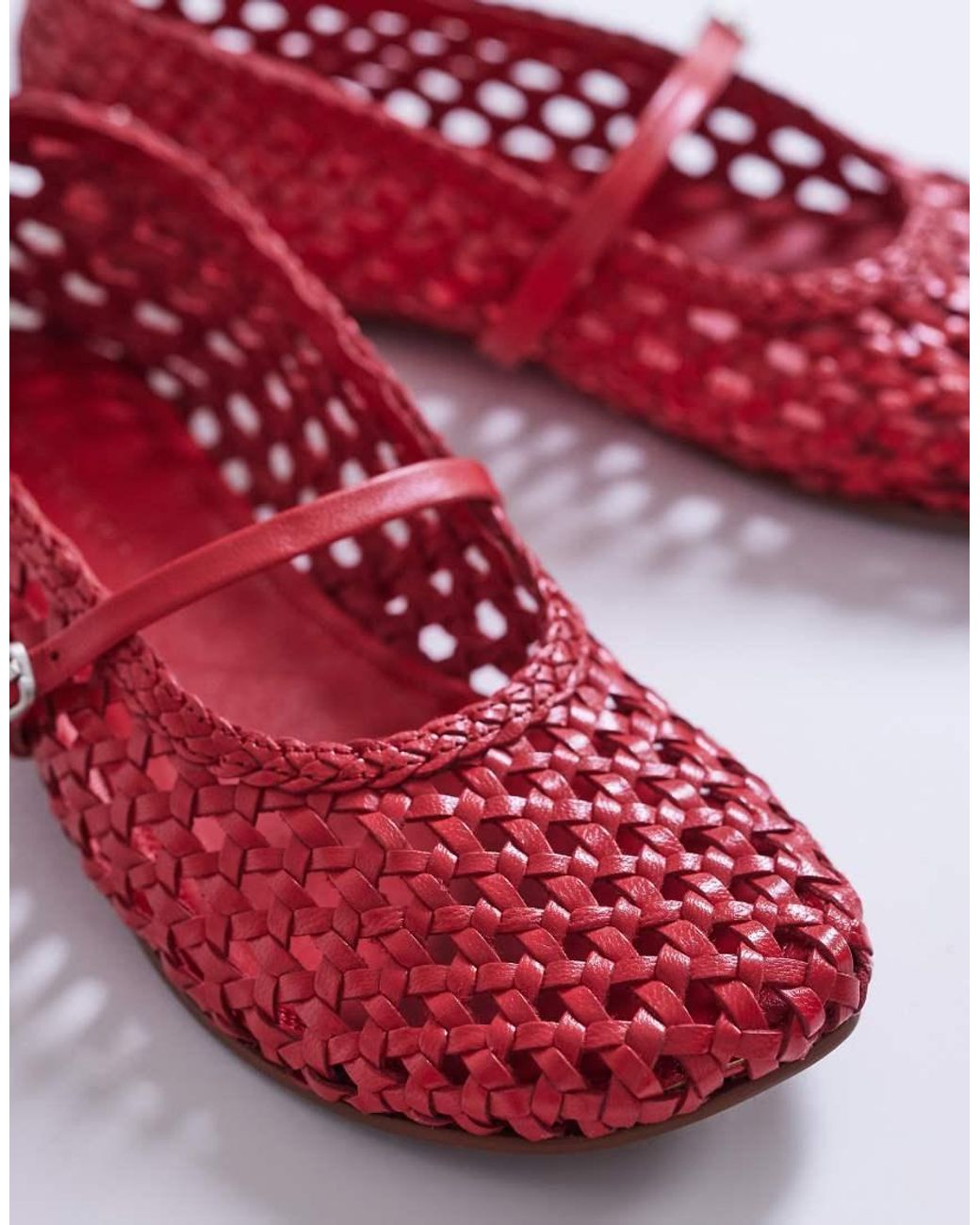 TOPSHOP Red Bobbi Leather Woven Ballet Flats