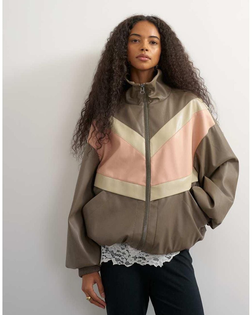TOPSHOP Black Colour Block Leather Look Track Jacket