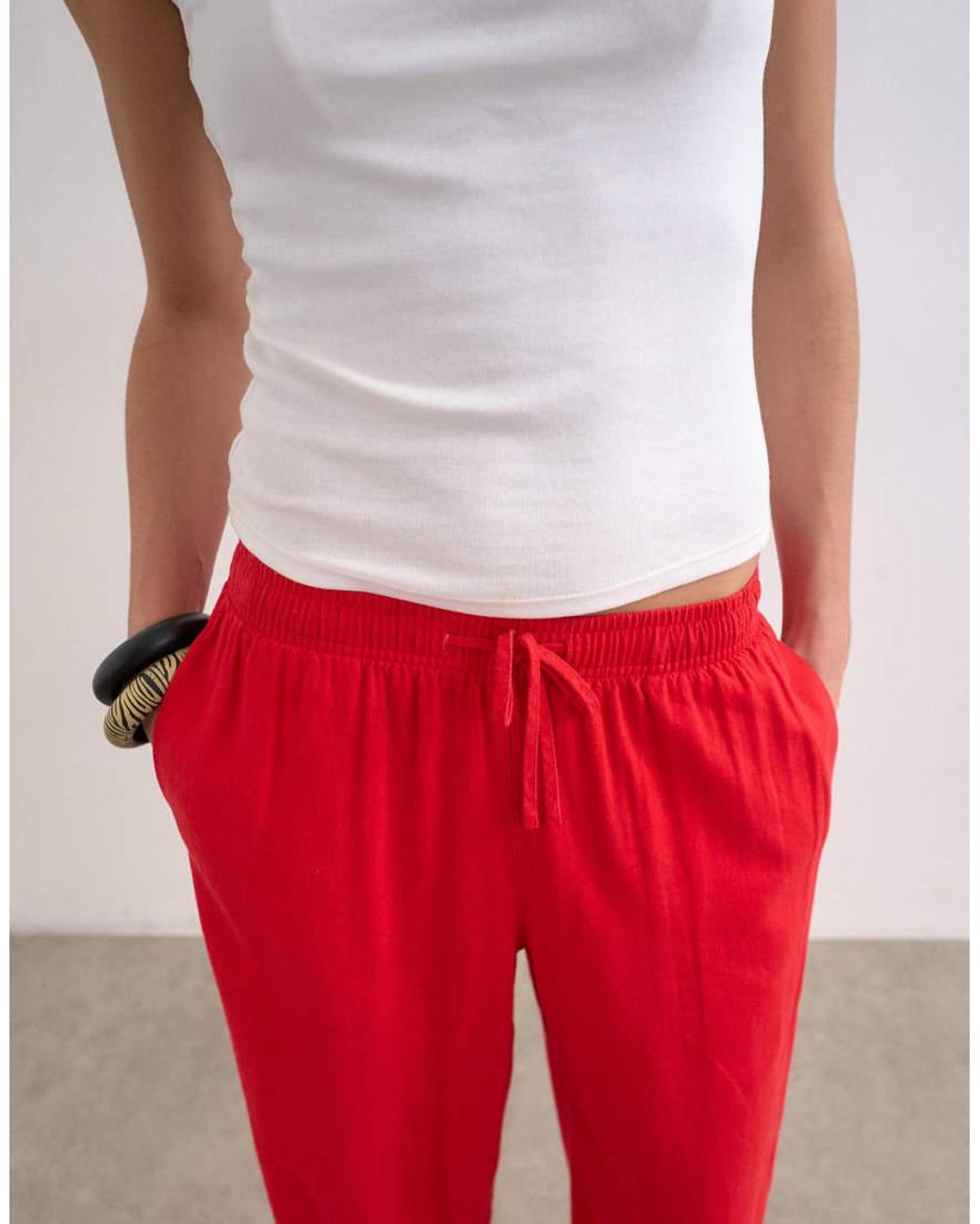 TOPSHOP Red Linen Straight Leg Trouser With Deep Cuff